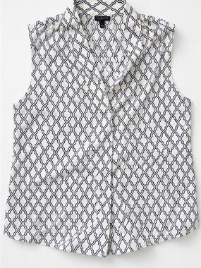 Talbots Sleeveless Button Front Blouse Navy Ivory Print Size Large